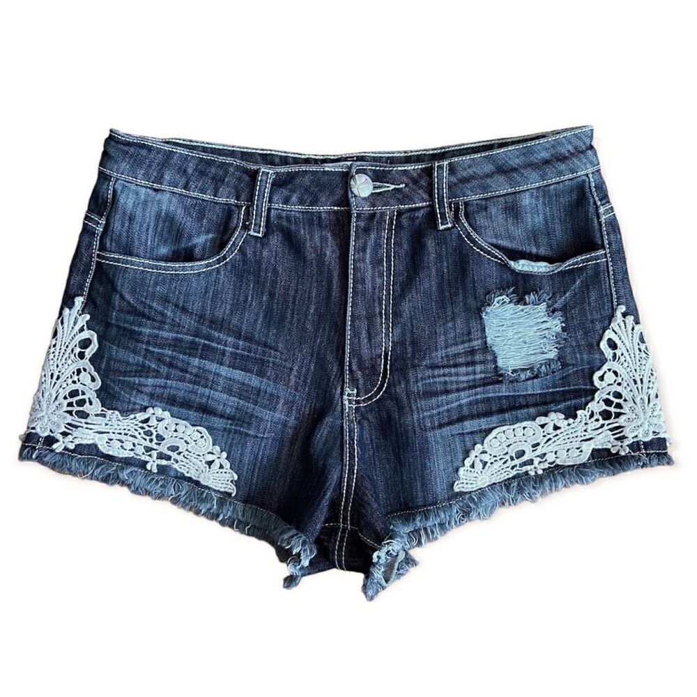 Almost Famous Dark Stretch Denim  Crochet Lace Fray Hem Shorts 11